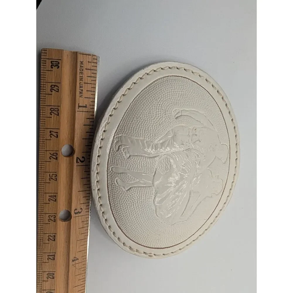 VTG Squaredancers Western Cowboy Rodeo Embossed Off-White Leather Belt Buckle